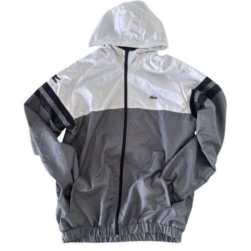 Lacoste windbreaker jacket with hood, gray and white, like new, unisex M/L
