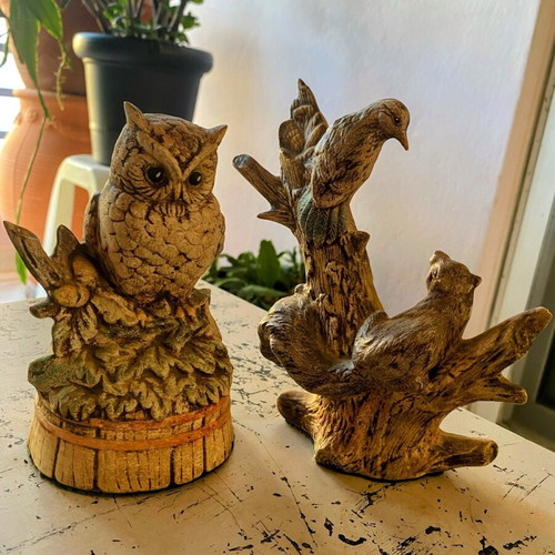 Handmade ceramic decorative owls and tree branch with squirrel and bird new