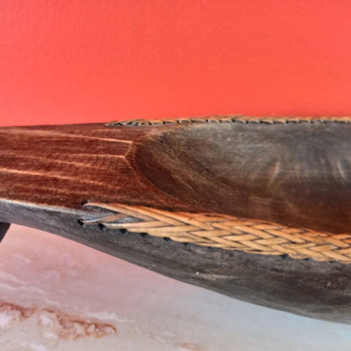 Ethnic serving platter handmade from wood and rattan