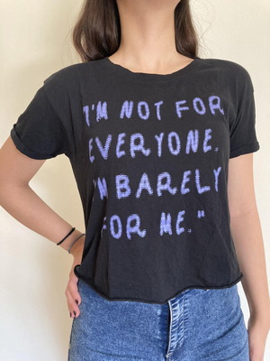 Pink Woman black short sleeved shirt like new with purple letter prints, size S