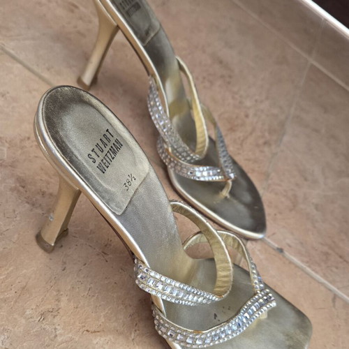 Stuart Weitzman Crystal Embellished Metallic Sandals, EU 38.5
