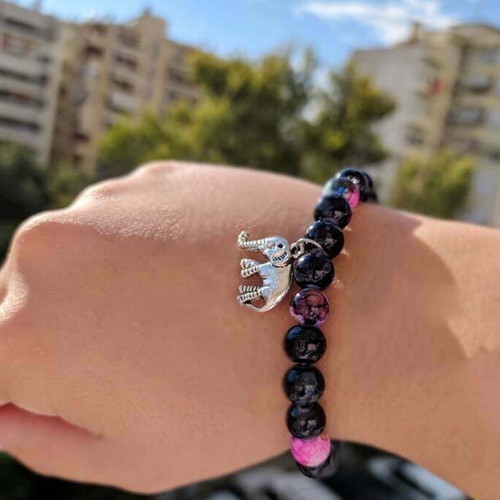Handmade bracelet with black and pink-purple beads and metal elephant new