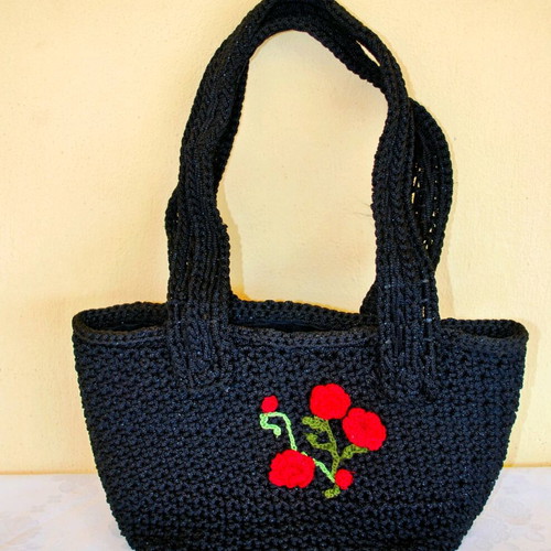 Knitted shoulder bag handmade with flower embroidery new, black and red
