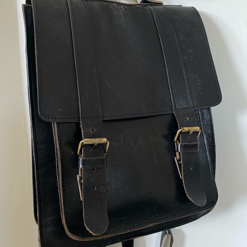 Leather messenger style backpack used, black
