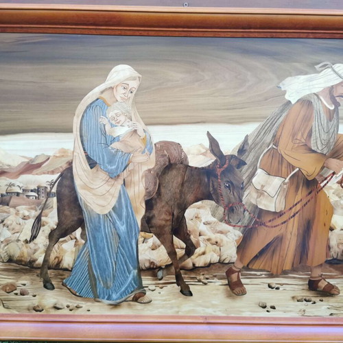 Intarsia woodcarving artwork like new, The Flight into Egypt from 17 woods