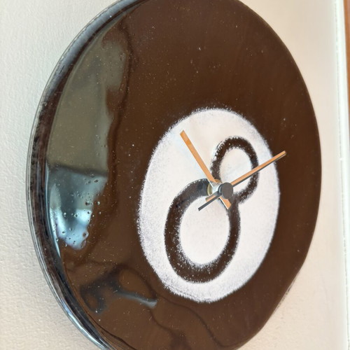 Handmade wall clock with black billiard ball design, glass