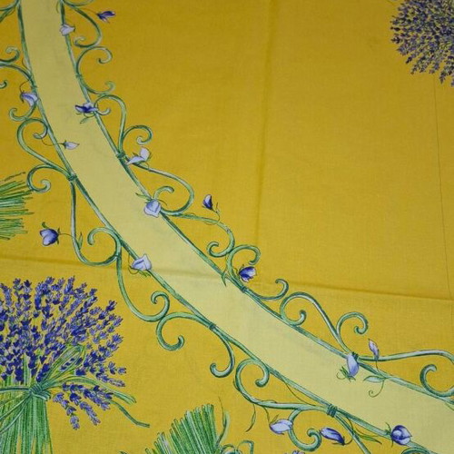 Tablecloth new 1.65x1.65 yellow with lavender bouquets coated cotton