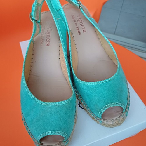 Viguera women's summer espadrille platform peep toe shoes used, mint