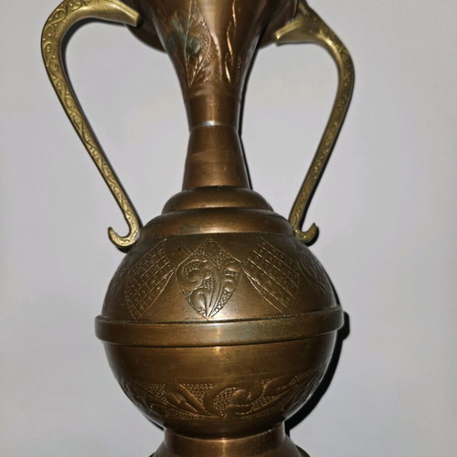 Antique Art Nouveau Copper Vase with Twin Snake Brass Handles used