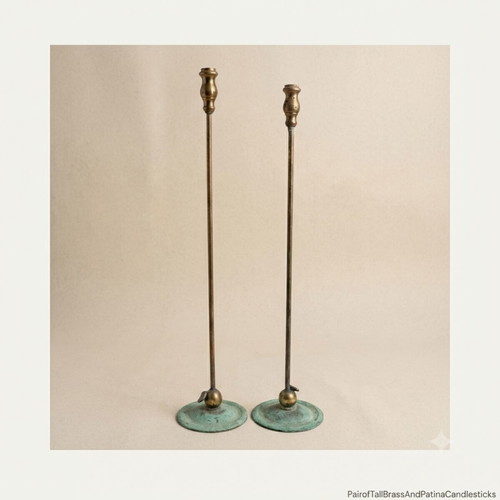Vintage tall metal candlesticks with authentic patina, like new