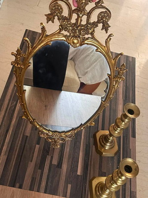 Mirror and 2 candlesticks, brass, 58cm height, 29cm width