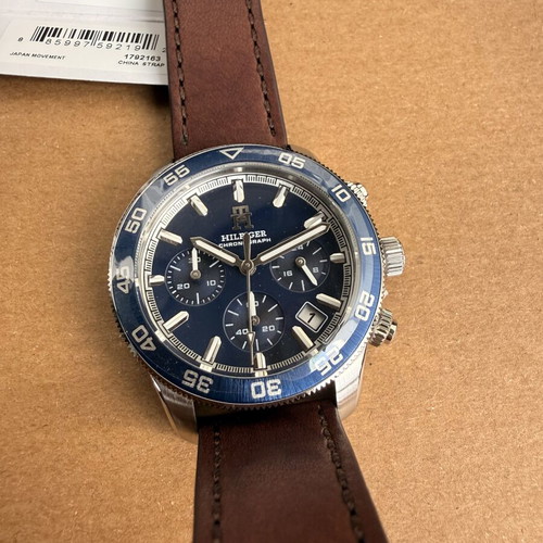 Tommy Hilfiger TH85 Chronograph Watch New, Blue Dial Brown Leather