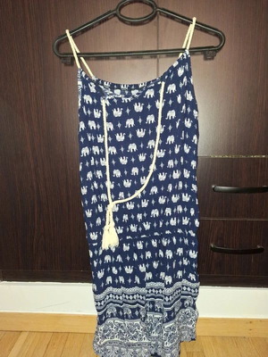 One-piece shorts jumpsuit, navy blue with white pattern
