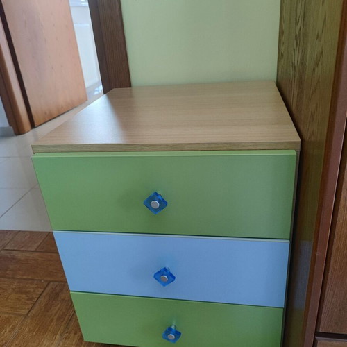 Bunk bed with three mattresses used, includes desk and drawers