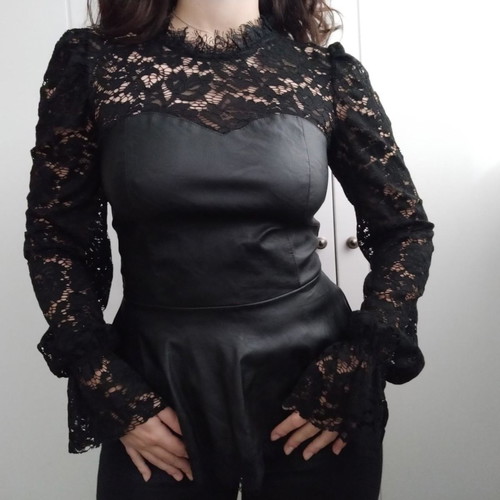 Lace and leatherette blouse used, black, size M