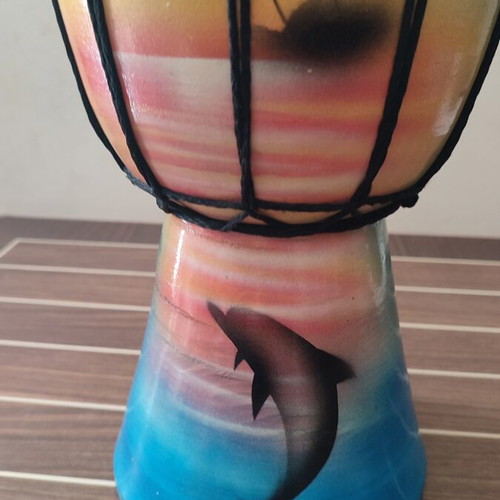 Wooden handmade djembe used, hand-painted tropical design 30x28 cm