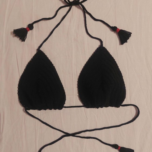 Actius hand-knitted black bikini top with beads