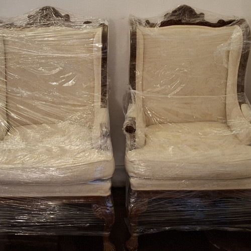 Vintage Wingback Chairs Pair used, classic wooden armchairs