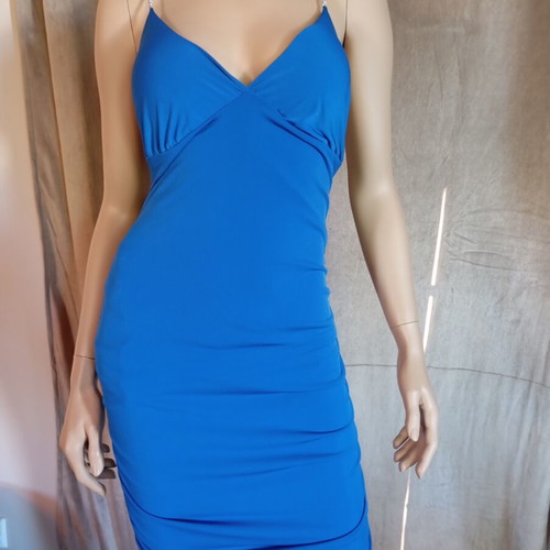 Fitted dress one size with strass crisscross back cord, new, blue