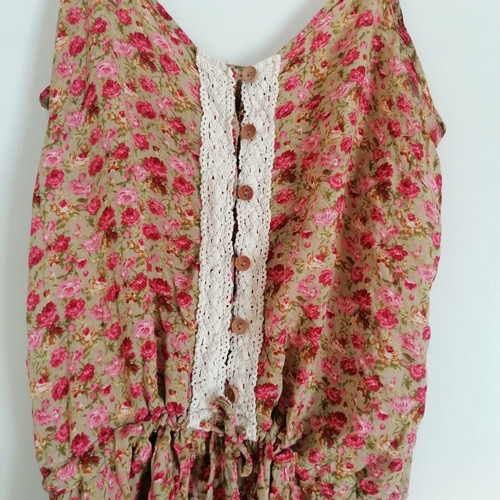 Sleeveless top with lace and adjustable cord, like new, pink and green