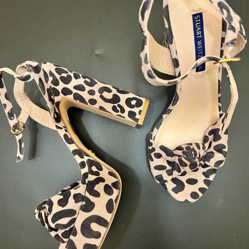 Stuart Weitzman Leopard Print Sandals 37.5 New, Pink-Beige