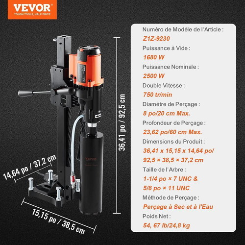 Vevor Diamond Core Drill 3200W 750RPM Wet and Dry Type