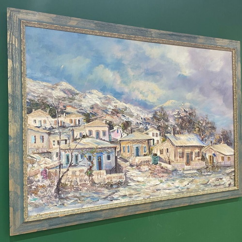 Relief oil painting by N. Papadopoulos in frame, like new, snowy landscape