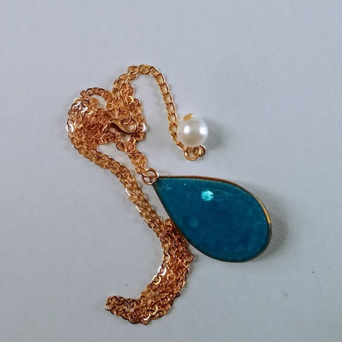 Handmade necklace blue and gold with pearl and rhinestones, new