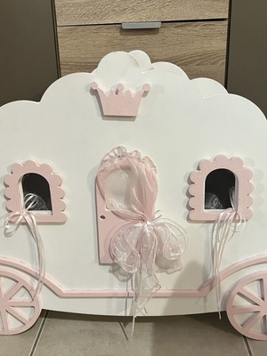 Wooden Baptism Carriage used, decorated with pink tulle