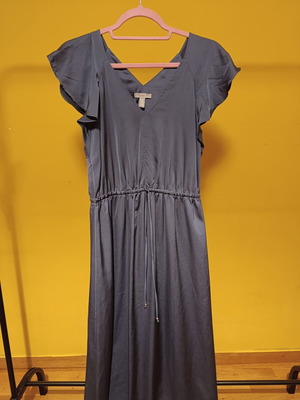 H&M satin dress new, adjustable waist belt, gray and blue