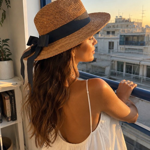 Camaïeu Raffia Sun Hat with Oversized Black Ribbon Bow New