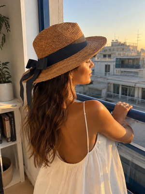 Camaïeu Raffia Sun Hat with Oversized Black Ribbon Bow New