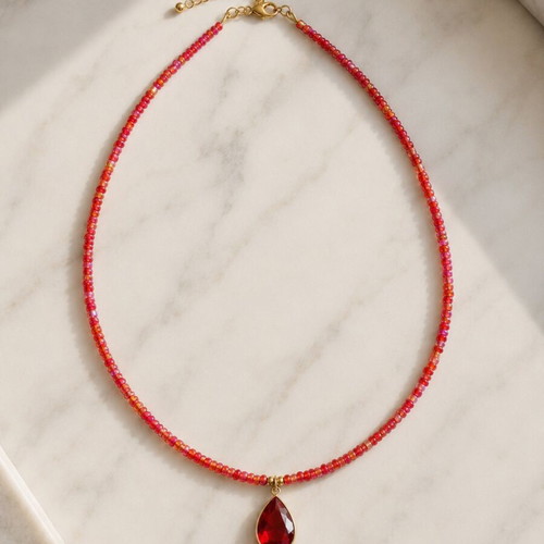 Necklace stainless steel red rhinestone, like new