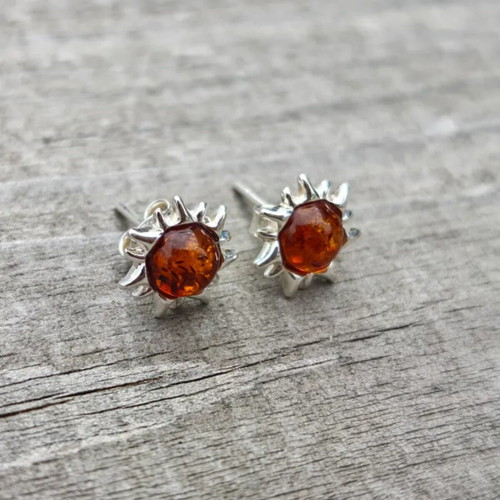 Silver Earrings with Baltic Amber Sun Design new