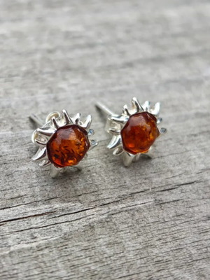 Silver Earrings with Baltic Amber Sun Design new