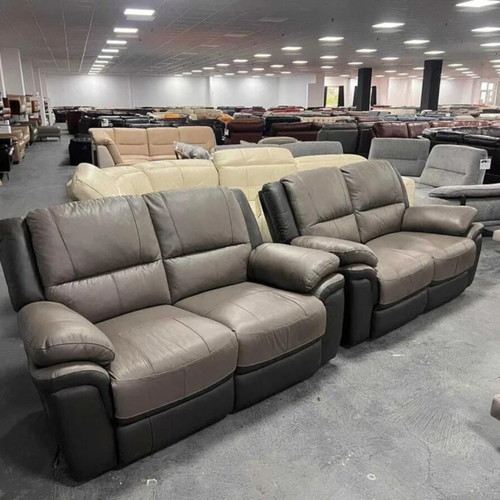 Two-tone gray leather Pluto sofas new with manual reclining mechanism set of two