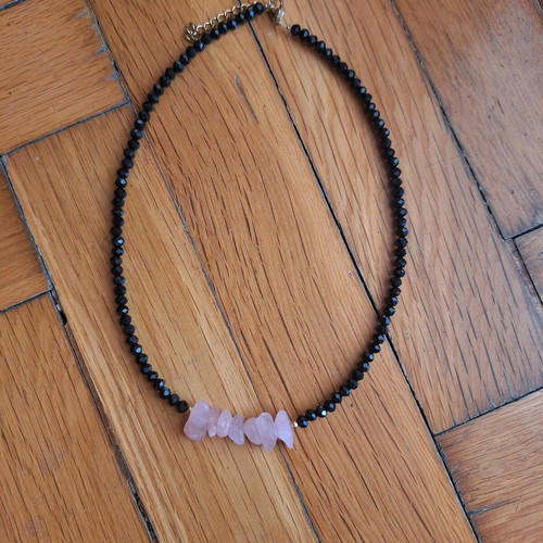 Handmade necklace with black crystals and rose quartz made to order