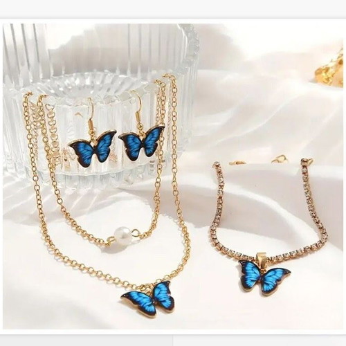 Chic 5-piece jewelry set blue butterflies new
