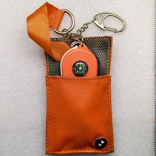 Orange BMW keychain with compass, magnifier, led and key case new