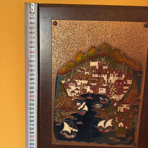 Vintage embossed wall plaque with Greek island landscape, wooden base like new