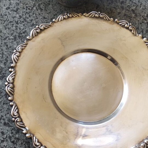 Silver-plated utensils used, bowl and plate with handmade carving