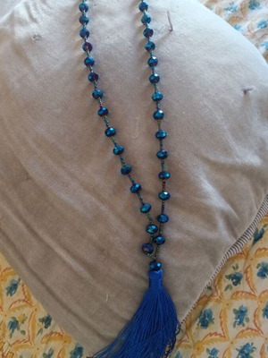 Long necklace with blue tassel and glass beads like new