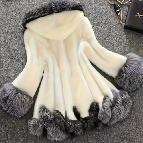 Luxury women's winter coat with hood, XL, white with grey fur trim