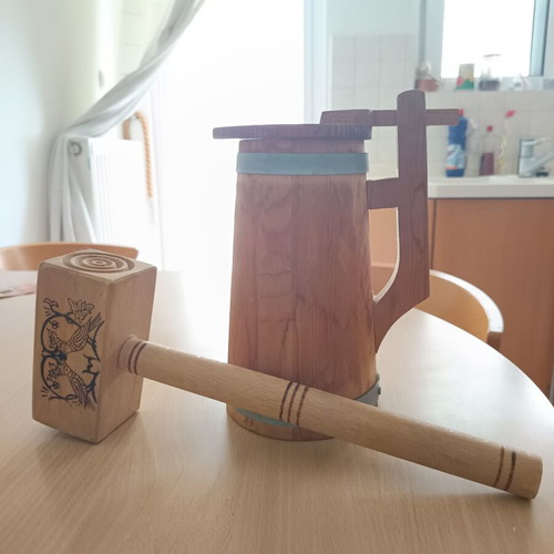 Wooden Beer Pitcher like new with wooden meat hammer gift