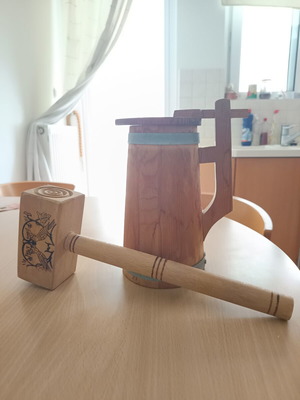Wooden Beer Pitcher like new with wooden meat hammer gift