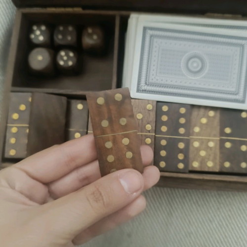 Vintage wooden case with dominoes, playing cards and dice like new