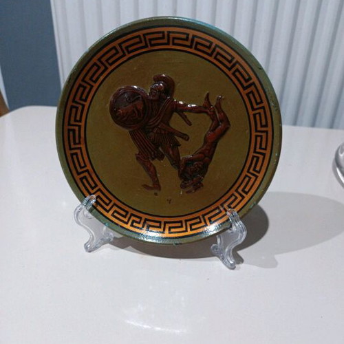 Handmade carved clay plate like new with ancient representation 19x19