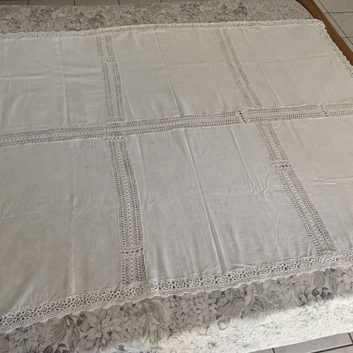 Vintage handmade dowry tablecloth with azur and crochet lace, like new