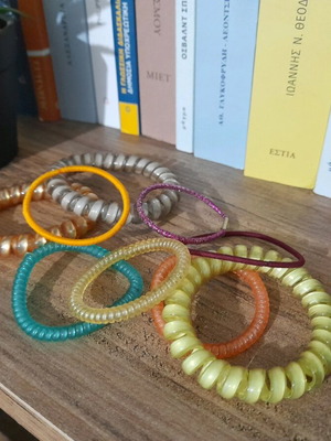 Hair ties used, colorful, all together