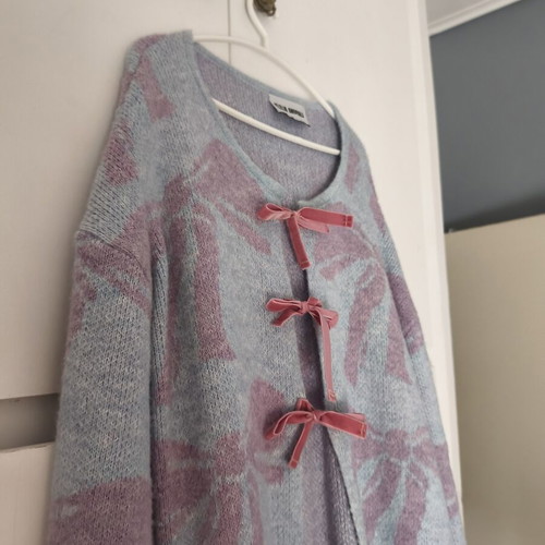 Andrali long wool cardigan, pink and turquoise